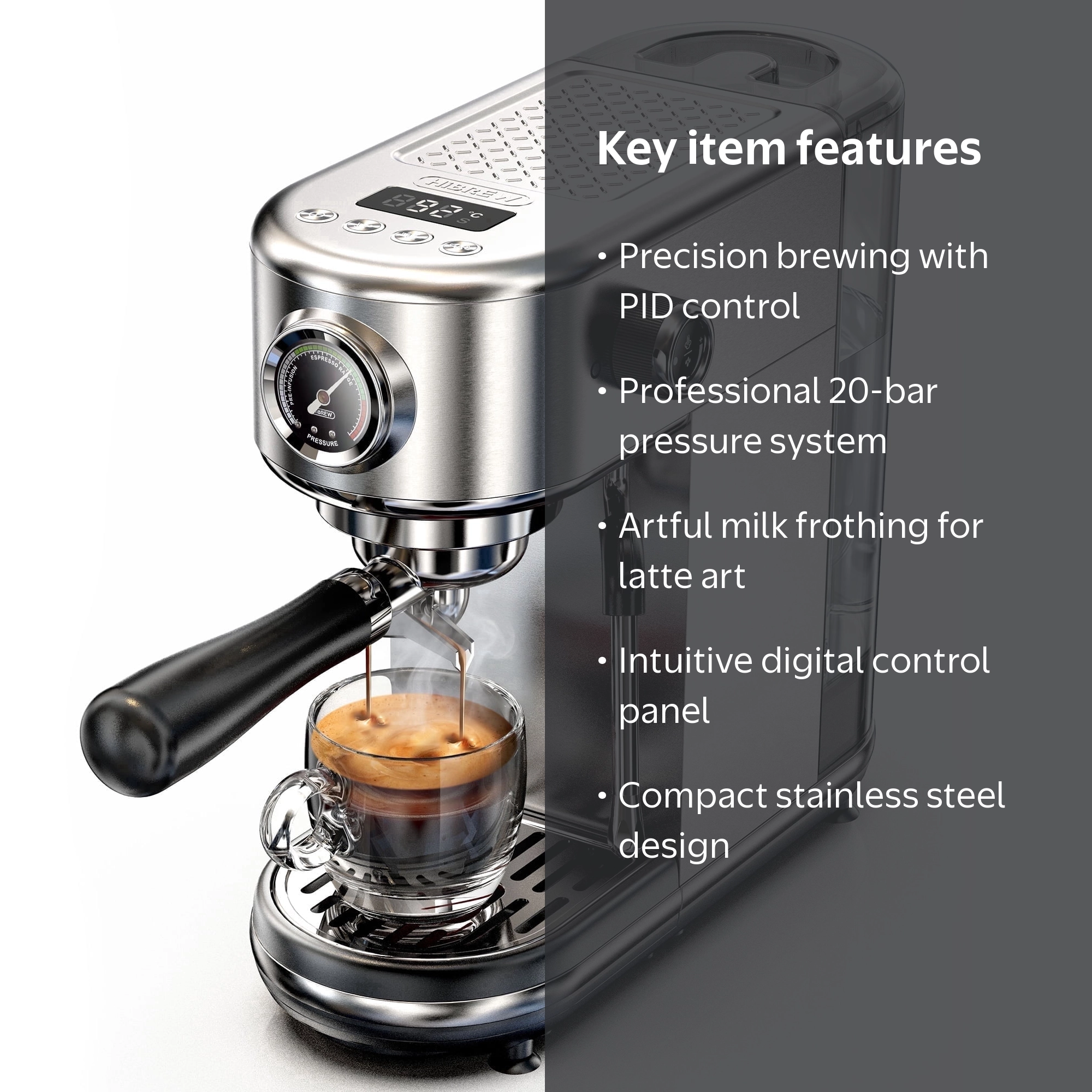HIBREW, Espresso Machine, 20 Bar, Semi Automatic, Stainless Steel