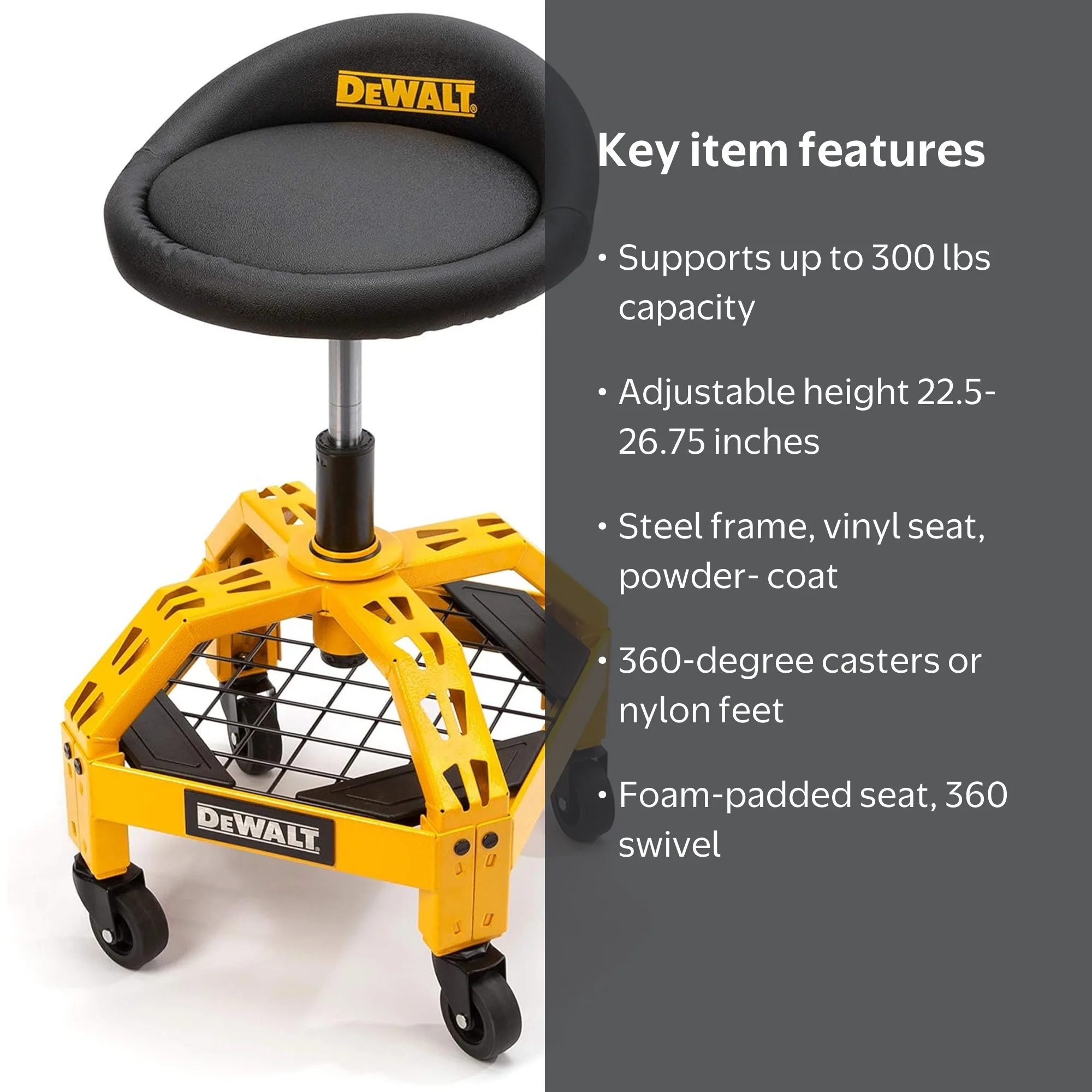 DEWALT, Adjustable Shop Stool, Heavy-Duty Rolling Chair with