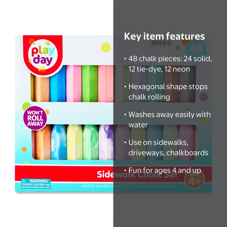 Play Day Sidewalk Chalk Set, 48 Pieces, Includes 12 Tie-Dye Neon