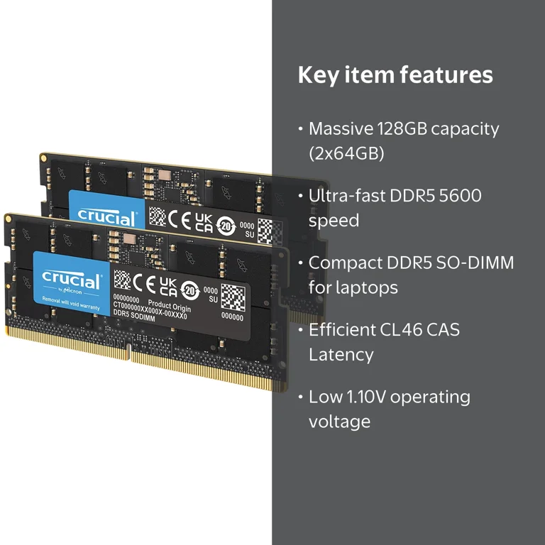 Crucial 128GB (2 x 64GB) 262-Pin DDR5 SO-DIMM DDR5 5600 (PC5 44800