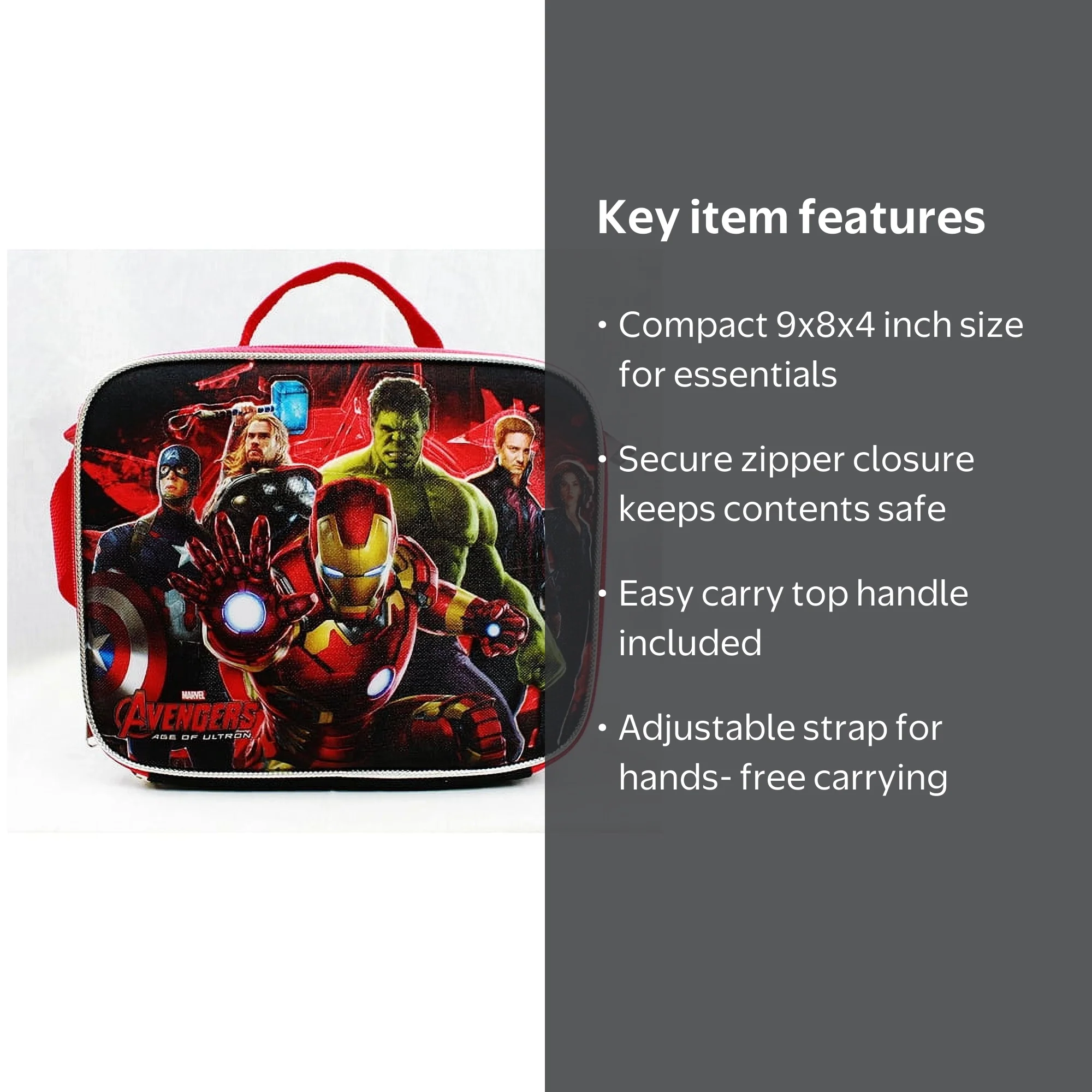 Marvel Avengers Kids Lunch Box - Superhero Adjustable Strap Bag