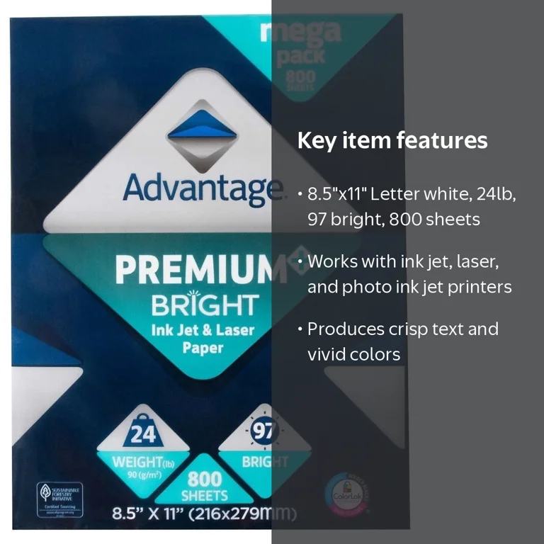 Advantage Premium Bright 24lb Inkjet and Laser Printer Paper, 8.5