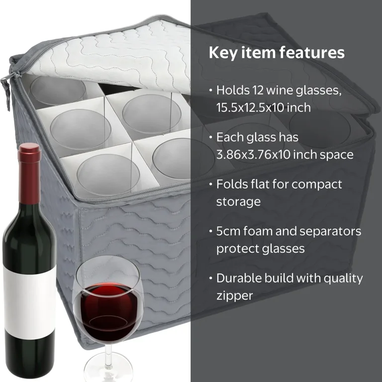 LotFancy Stemware Storage Container, 12 Wine Glass Storage Box with Dividers, Gray, 15.5