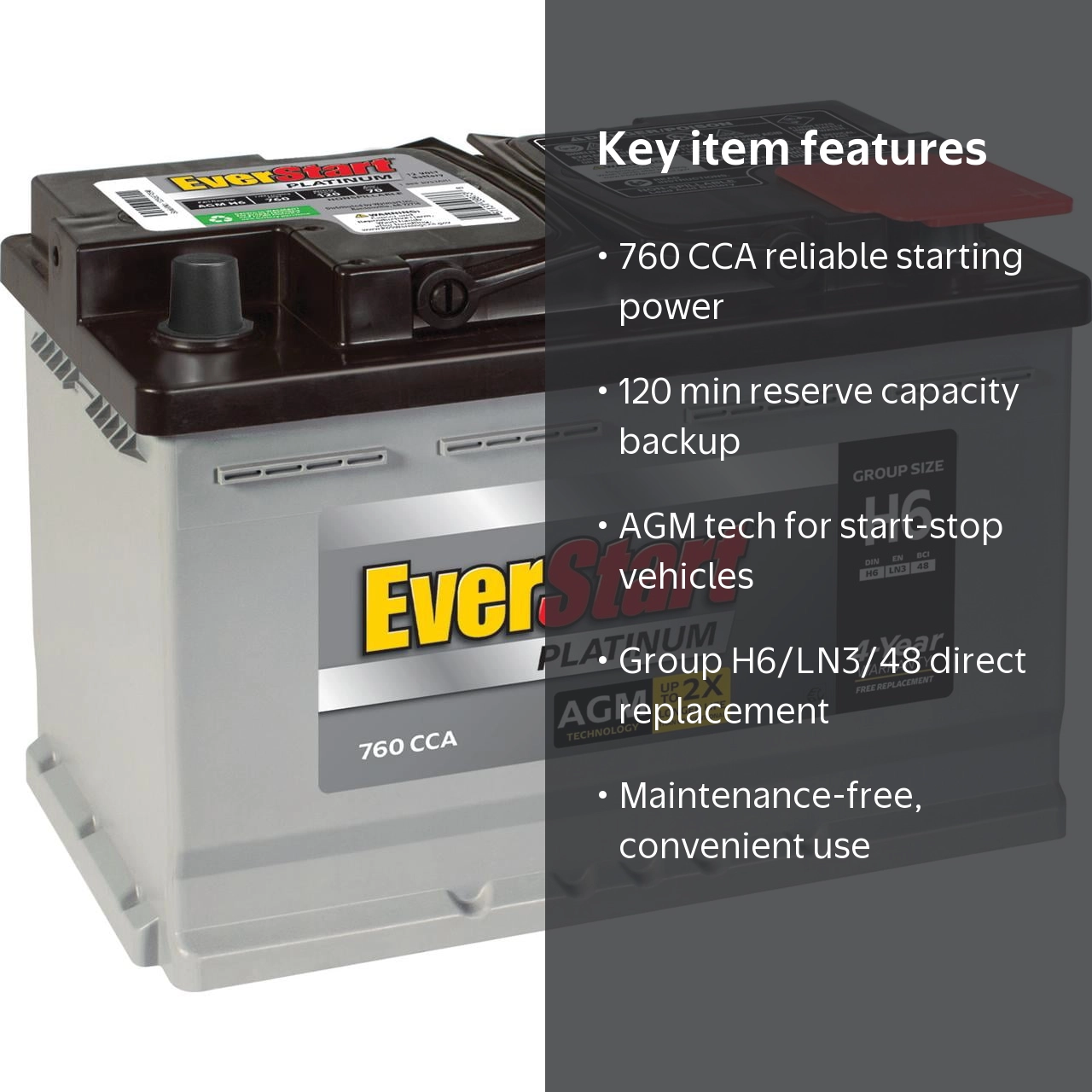 EverStart Platinum AGM Automotive Battery, Group Size H6, 12V, 760