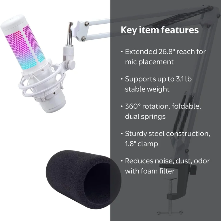 SUNMON, Microphone Stand, Compatible with HyperX QuadCast S, White