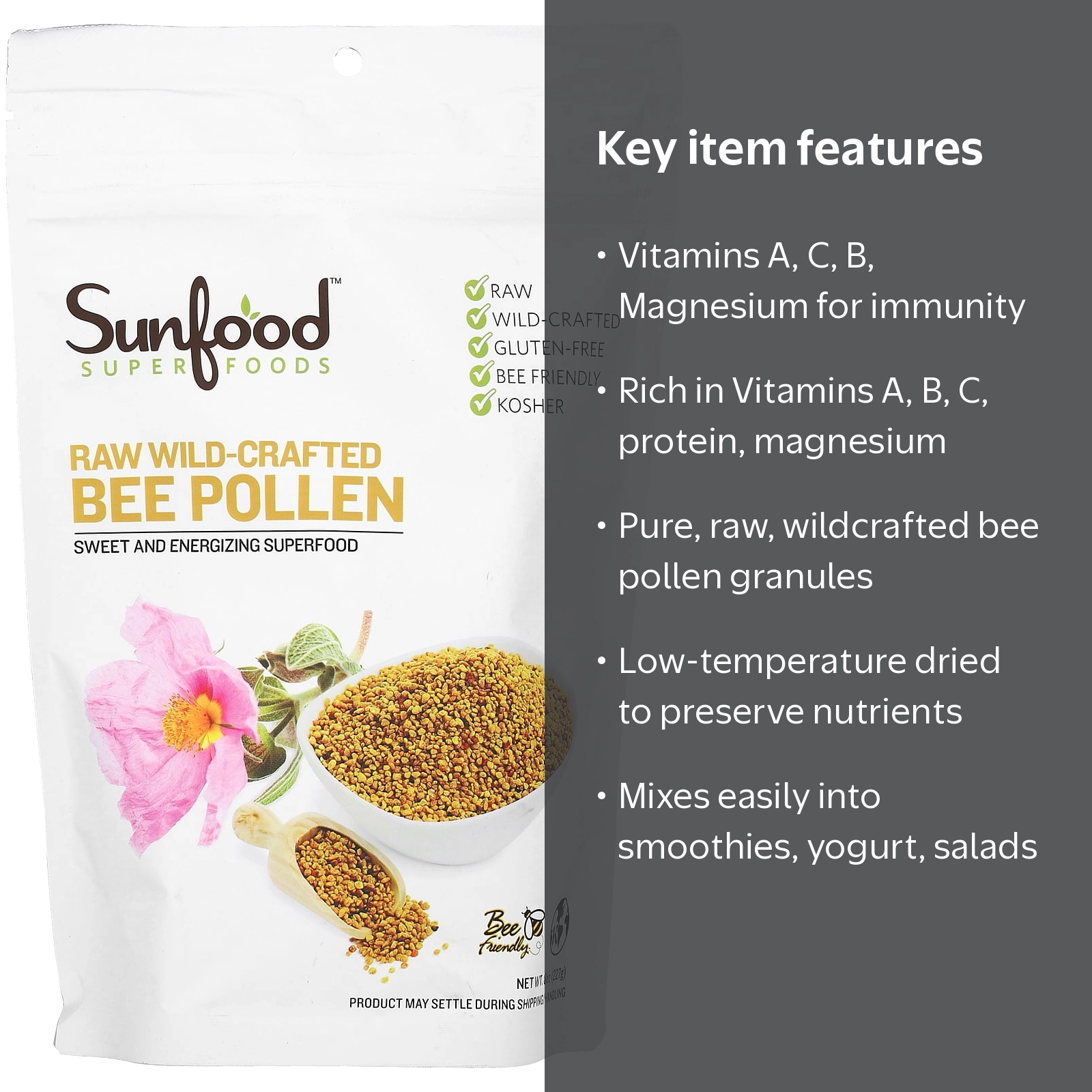 Sunfood Superfoods, Bee Pollen Superfood Powder, 8 Oz, Raw