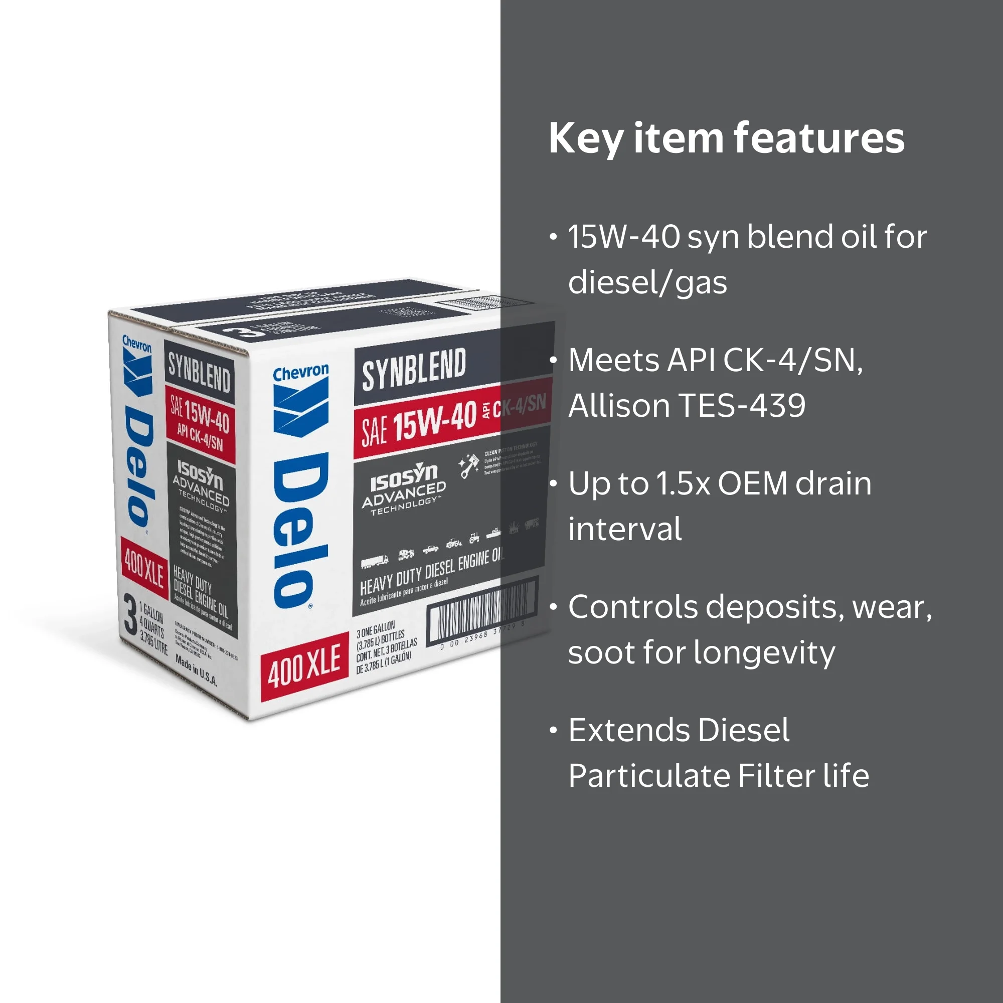 Delo, Diesel Motor Oil, Delo 400 XLE SB SAE 15W-40, 3 Pack