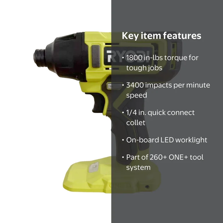 Ryobi, Impact Driver, 18V, 1/4 in, Yellow, 1800 lbs Torque