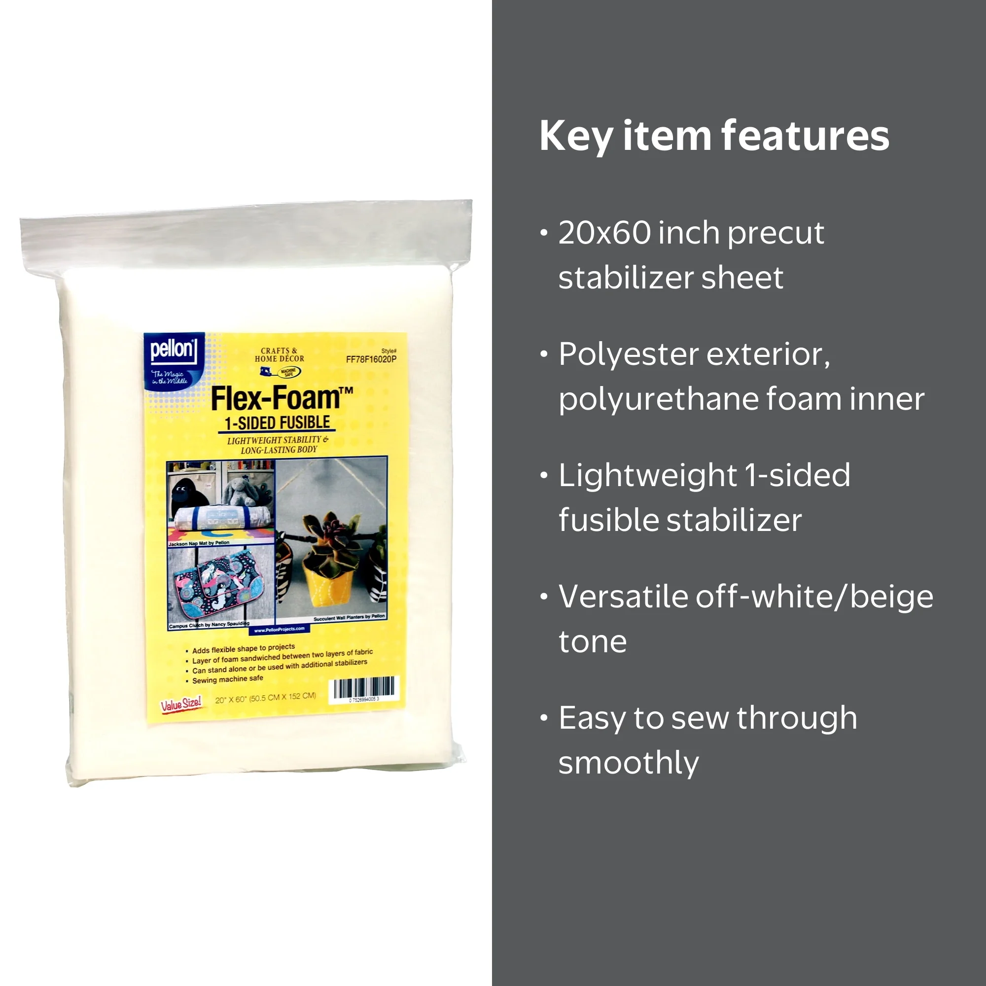Pellon FF78 Flex Foam Fusible Sewing Fabric Stabilizer, 20x60