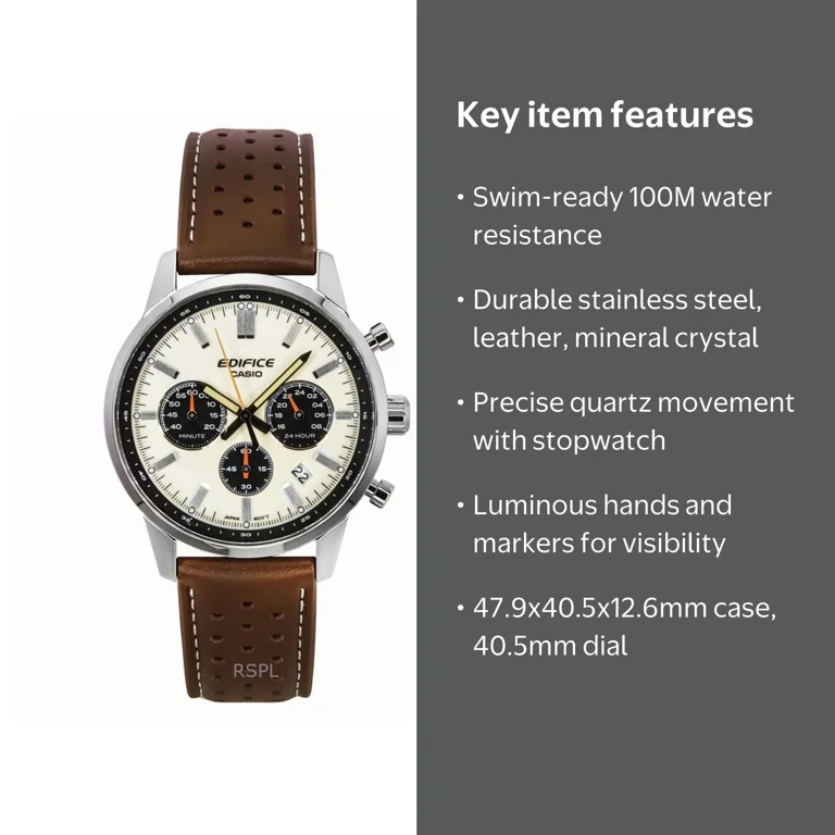 Casio Edifice Analog Chronograph Leather Strap Cream Dial Quartz