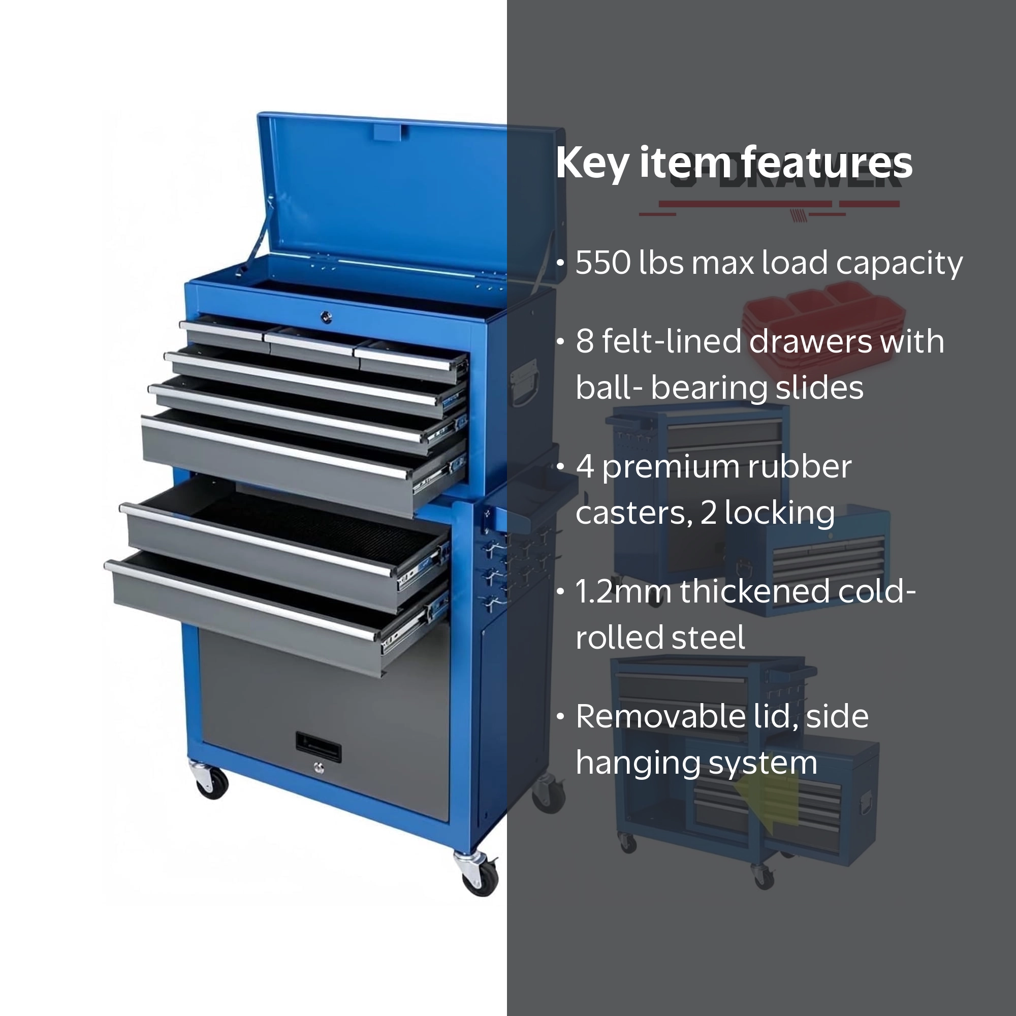 AIRAJ Large Mobile Rolling Tool Chest, 8 Drawers Detachable
