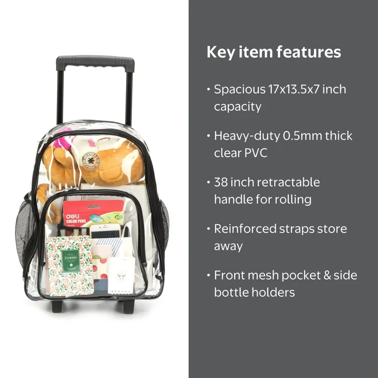 24 inch travel backpacks with wheels Ponhog Rolling Laptop Backpack Carry On Laptop Bag friendly features K-cliffs Unisex Rolling Clear Backpack