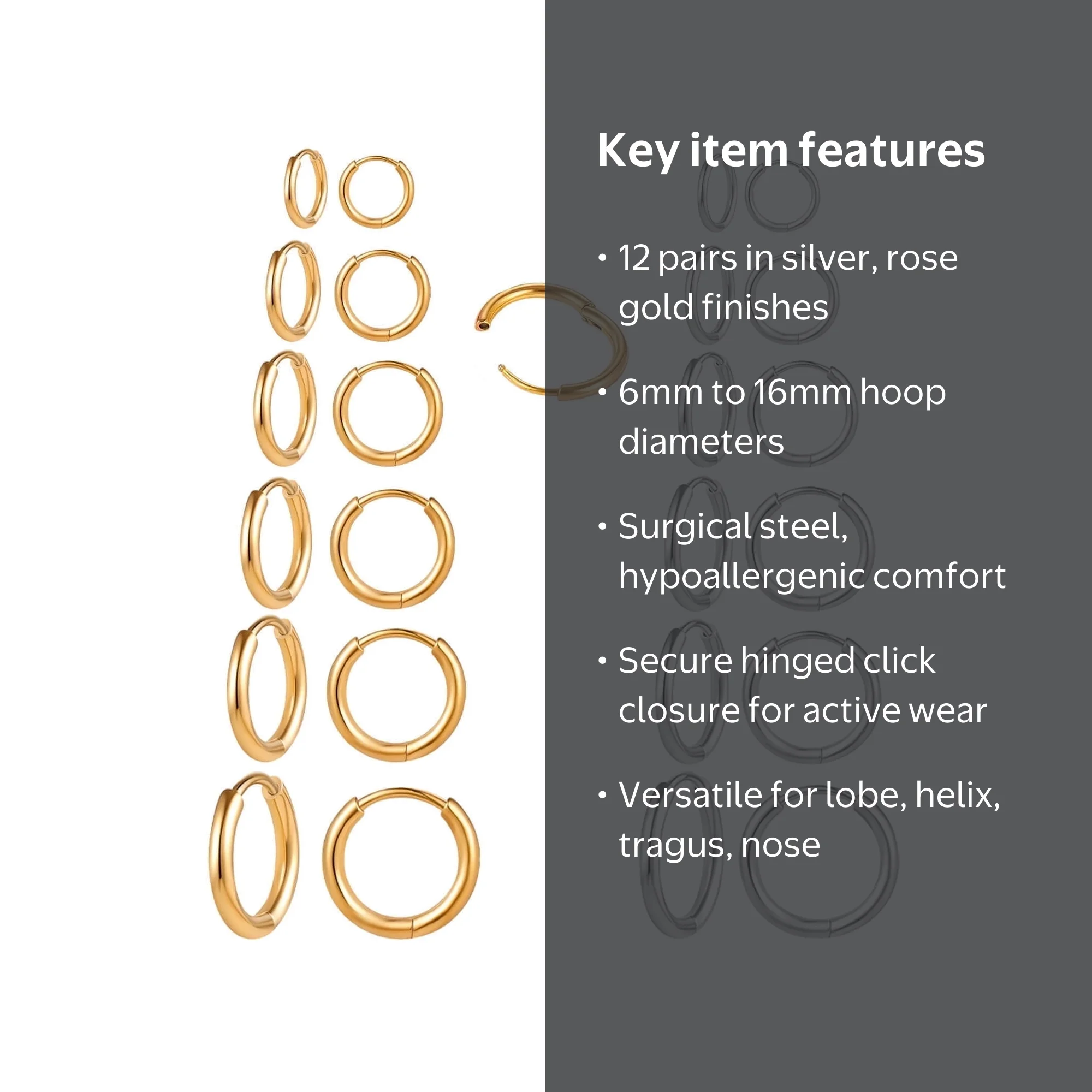 12 Pairs Adults 316L Surgical Stainless Steel Huggie Hoop Earrings