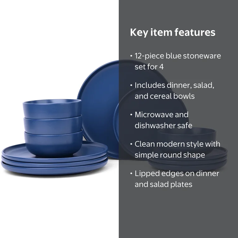Mainstays Alessandra 12-Piece Stoneware Dinnerware Set, Blue