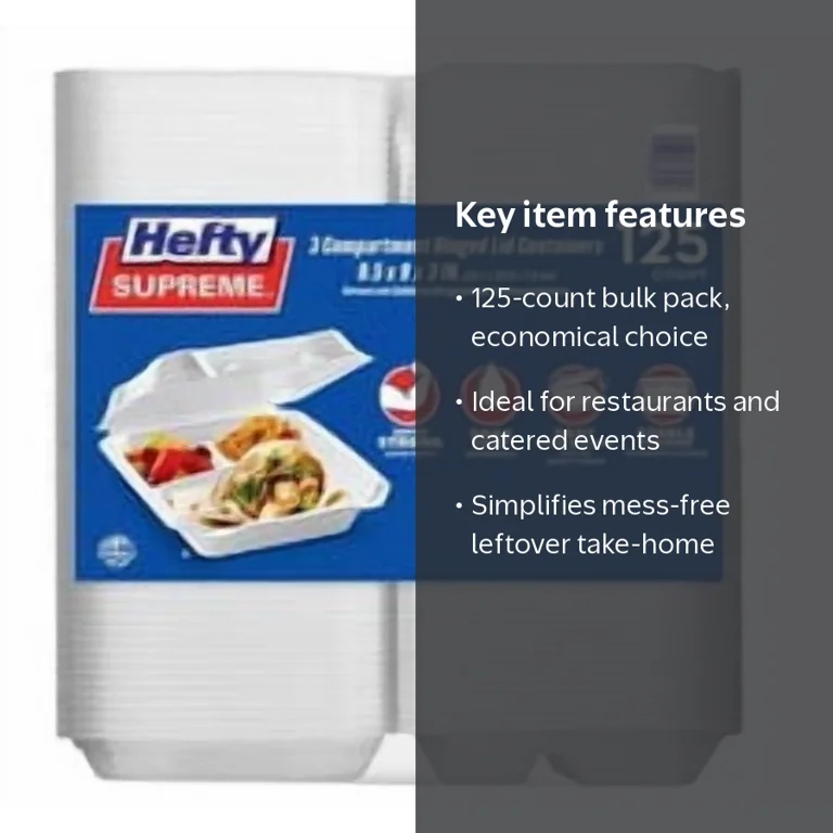 Hefty, Foam Containers, 3 Compartments, Hinged Lid, 125 ct