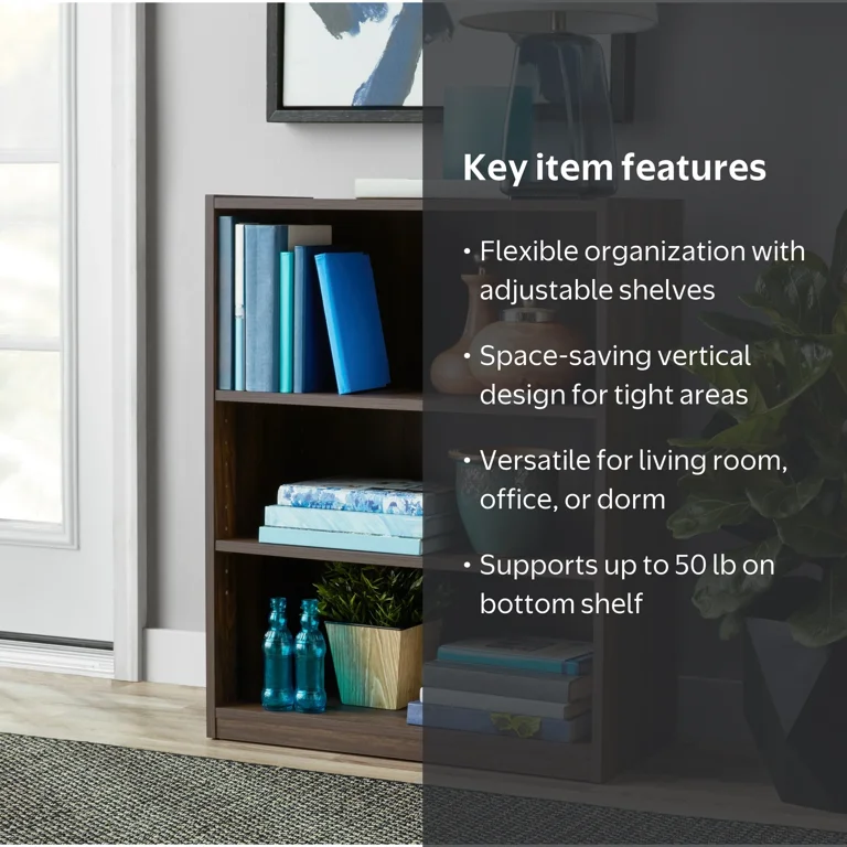 ③ kevincxy Mainstays 3-Shelf Bookcase with Adjustable Shelves, Canyon Walnut