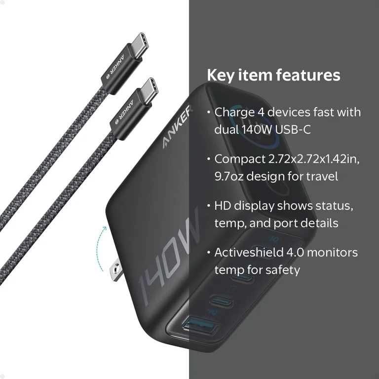 Anker Laptop Charger, 140W Max 4-Port GaN USB C with Smart Display