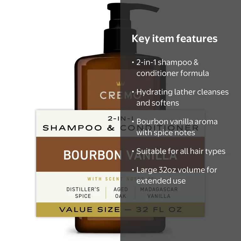 Cremo 2-in-1 Shampoo & Conditioner, Bourbon Vanilla Scent, 32 fl