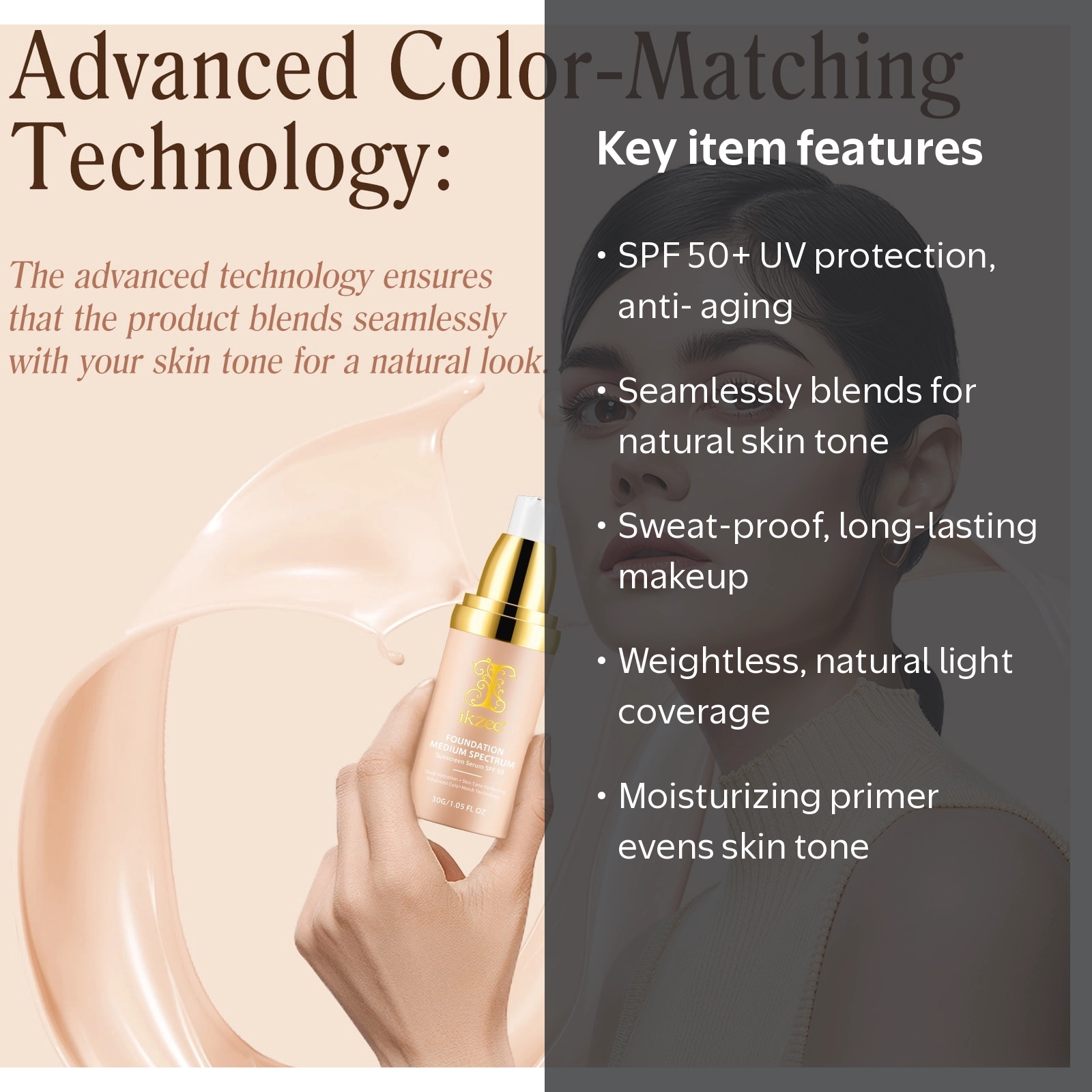 IKZEE 4-in-1 Foundation Set, Lightweight SPF50, Medium Coverage