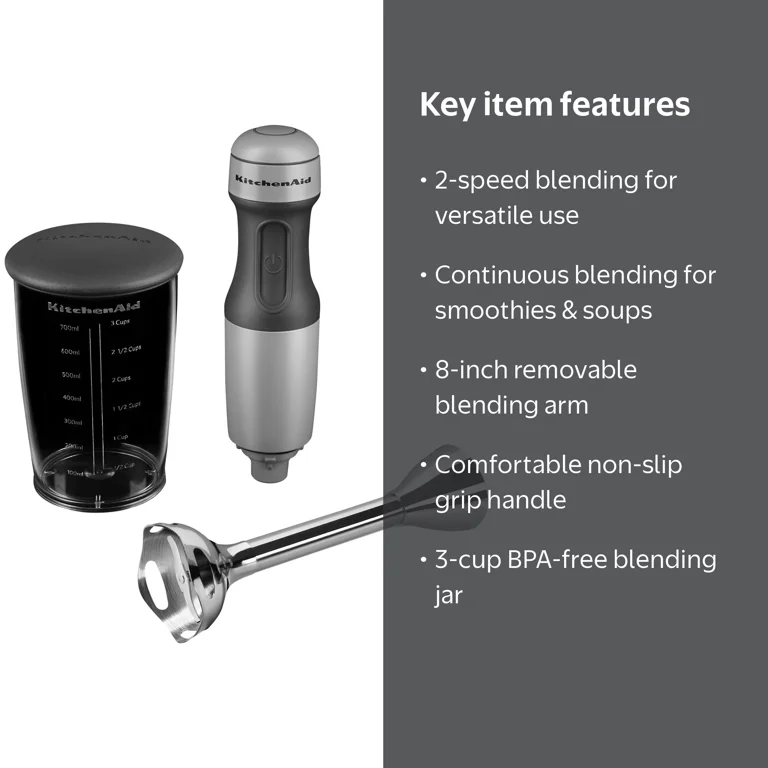 KitchenAid, Hand Blender, KHB1231, Matte Gray, 8-Inch Blending Arm