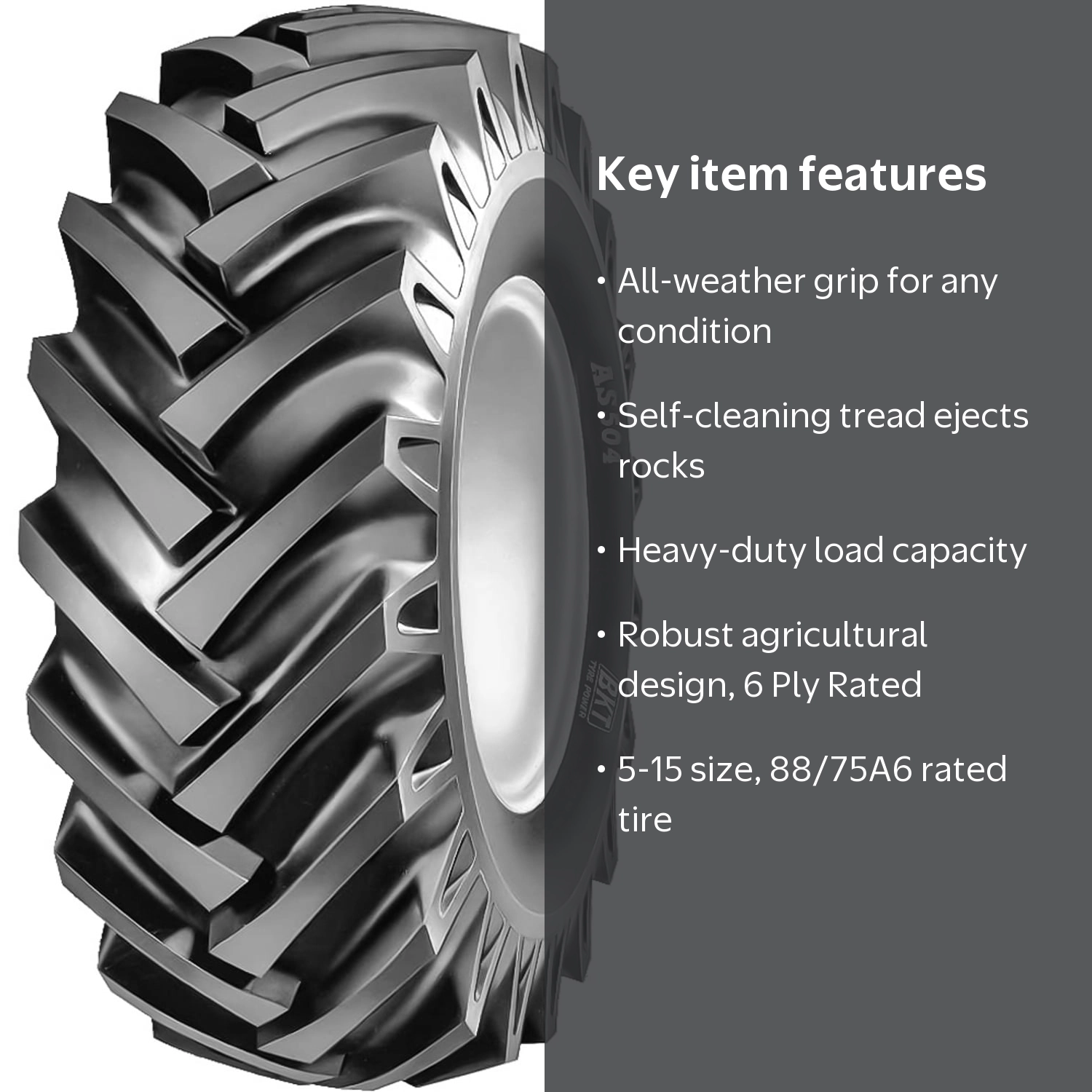 BKT All-Season Tractor Tire, Implement-AS504, 5-15 Load 6 Ply