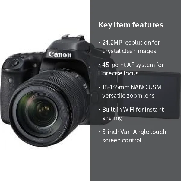 Canon EOS 80D Digital SLR Camera, 24.2MP, 18-135mm Lens, WiFi