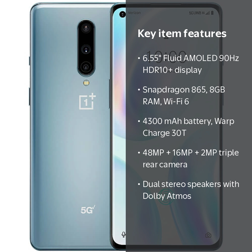 OnePlus 8 5G UW IN2019 128GB/8GB RAM Verizon unlocked 6.55 in