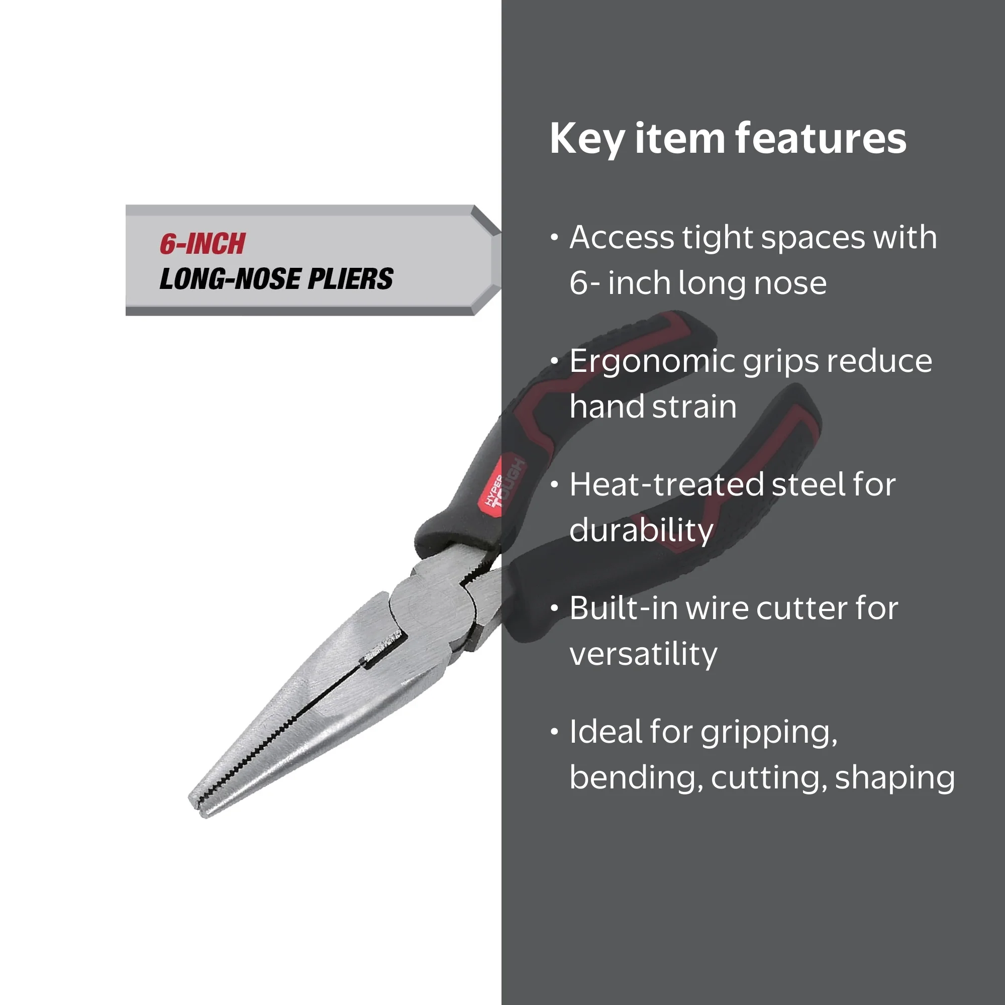 Hyper Tough 6-inch Long Nose Pliers with Ergonomic Soft Grip