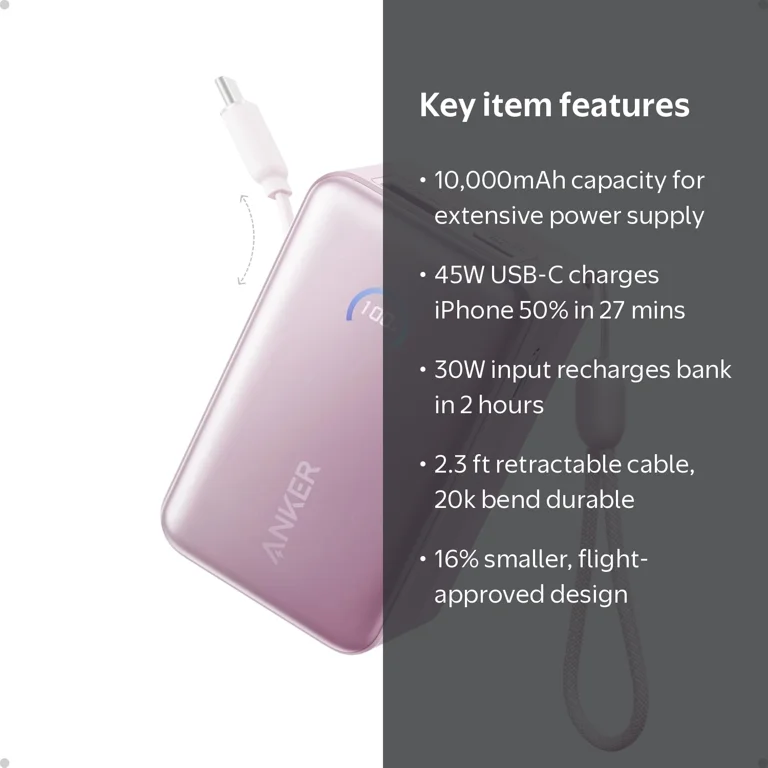 Anker Nano Power Bank, 10,000mAh Portable Charger with 2.3 ft