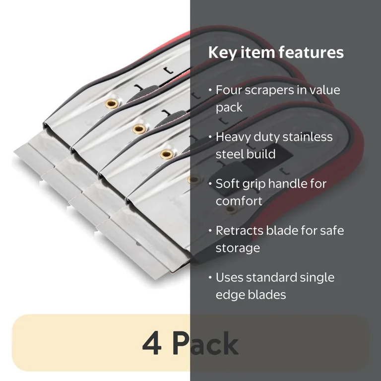 4 pack) Hyper Tough 4.5-inch Retractable Razor Blade Scraper with