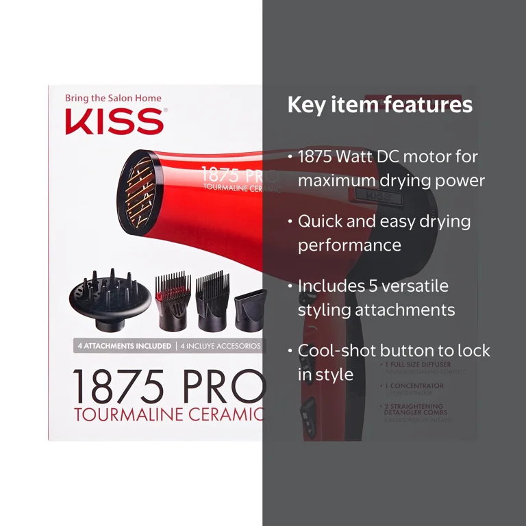 KISS, Hair Dryer, 1875 Watt, Tourmaline Ceramic, Black, 23 oz