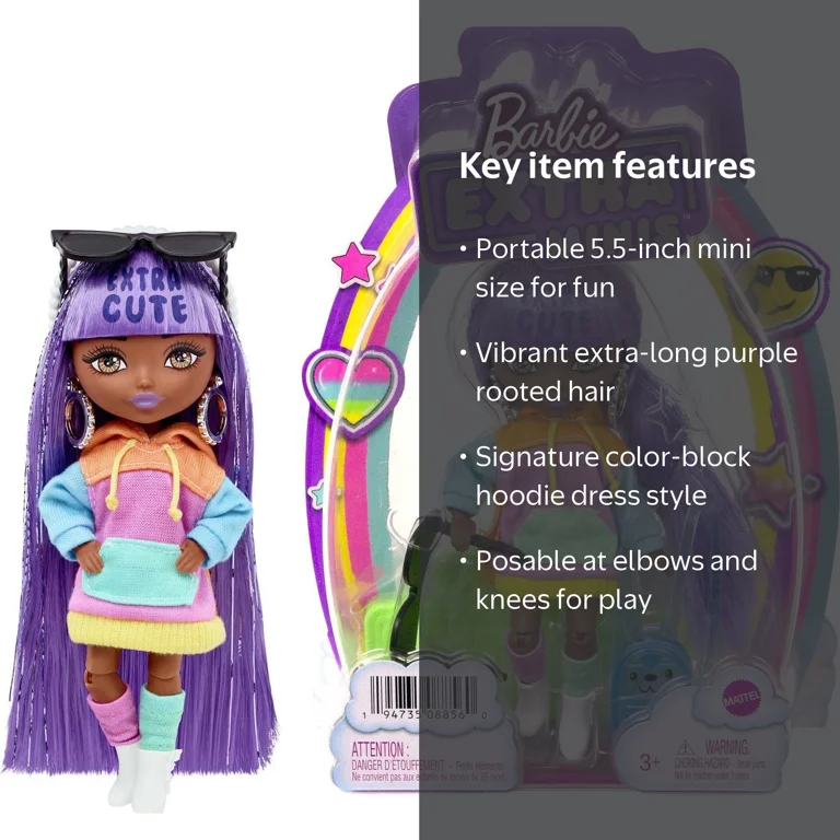 Barbie Extra Minis Doll with Long Purple Hair, Color-Block Hoodie