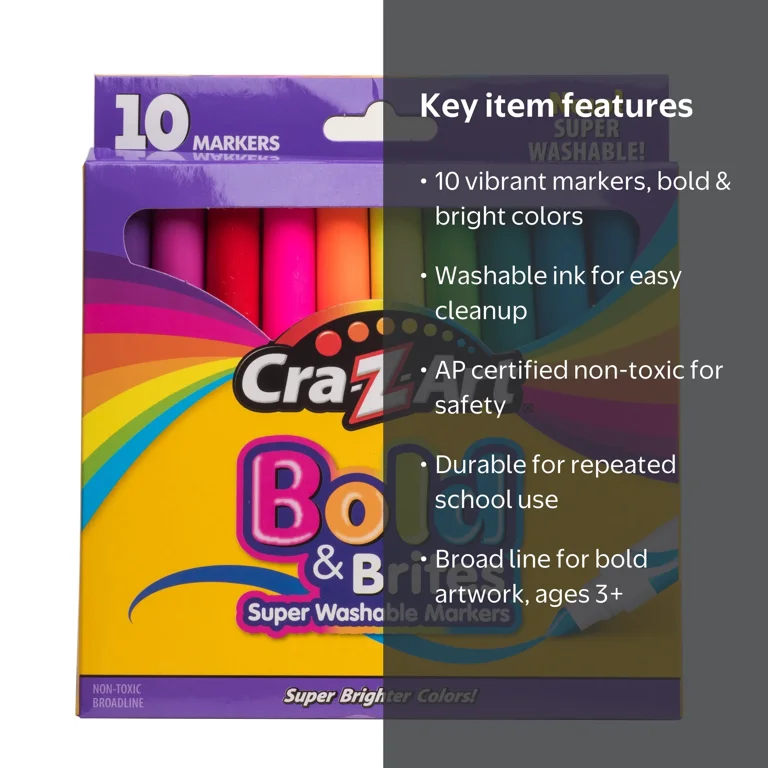 Cra-Z-Art Bold & Brites Kids Multicolor Super Washable Markers, 10