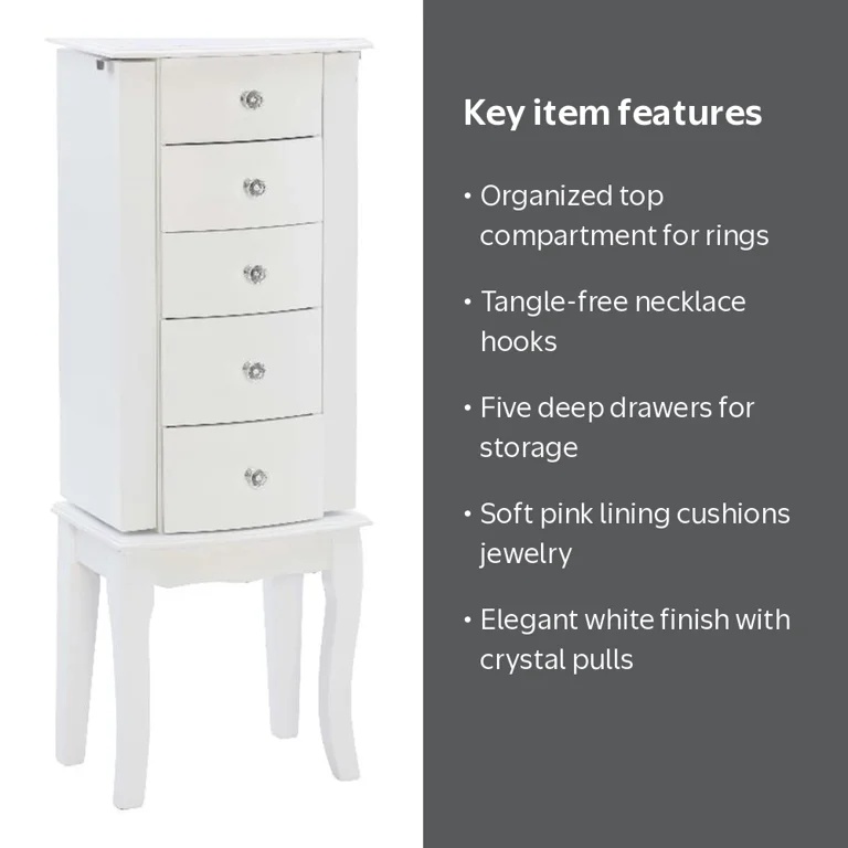 Powell Jasmine White Jewelry Armoire with Crystal Drawer Pulls and