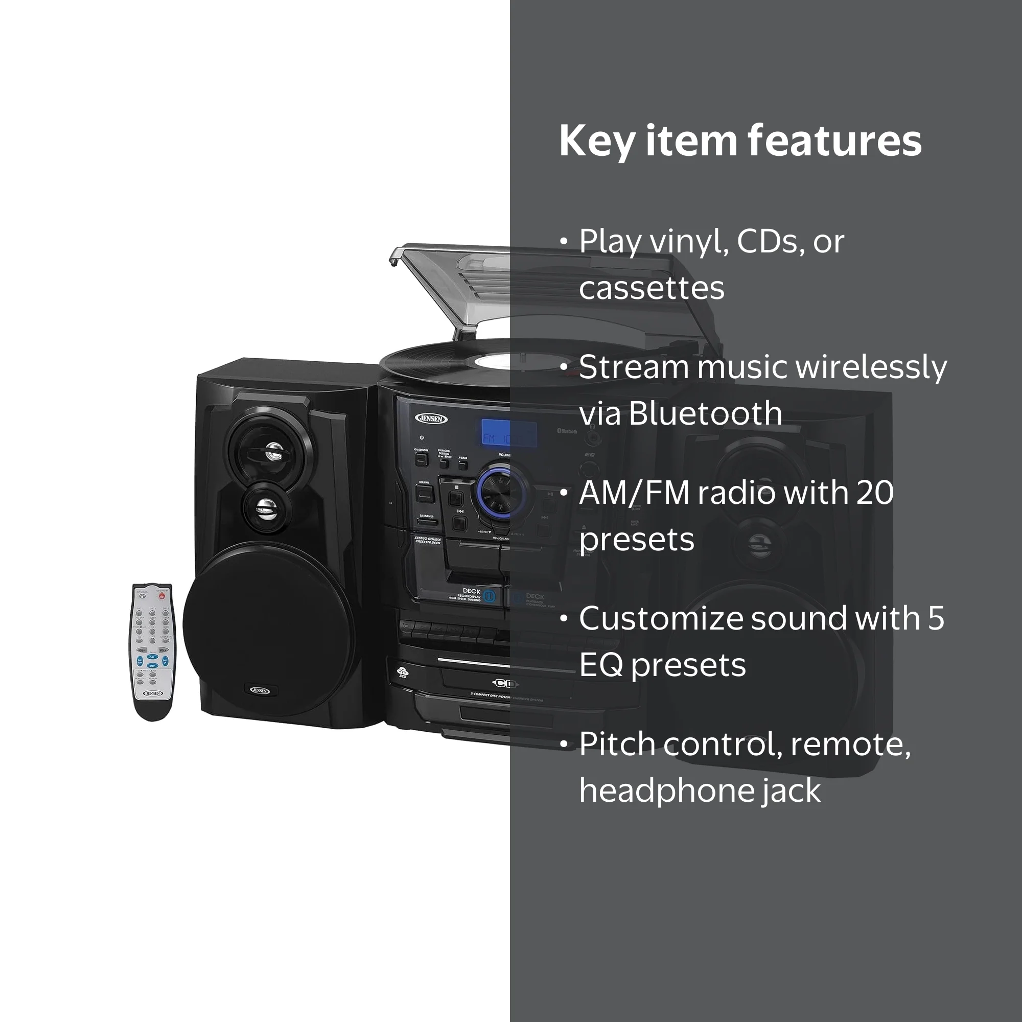 Jensen JMC-1250 BT 3-Speed Turntable with Bluetooth, 3 CD Changer