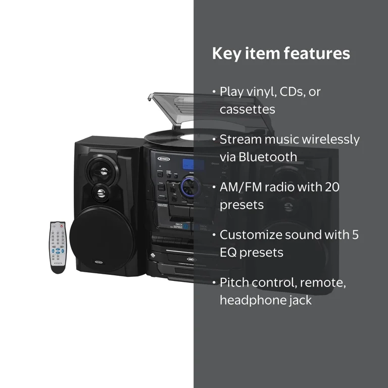 Jensen JMC-1250 BT 3-Speed Turntable with Bluetooth, 3 CD Changer
