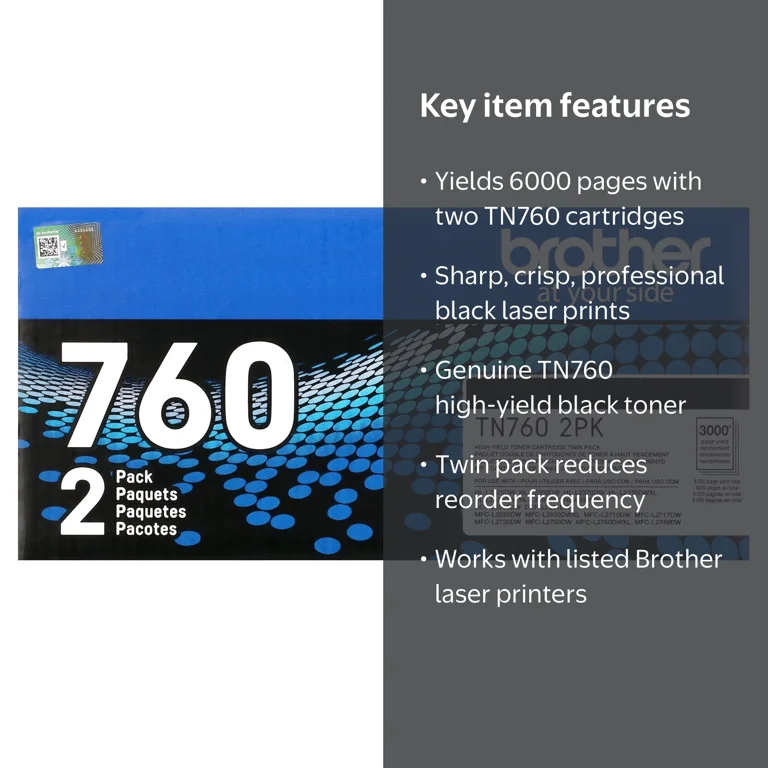 Brother Genuine High-Yield TN7602PK Black Toner Cartridges Twin