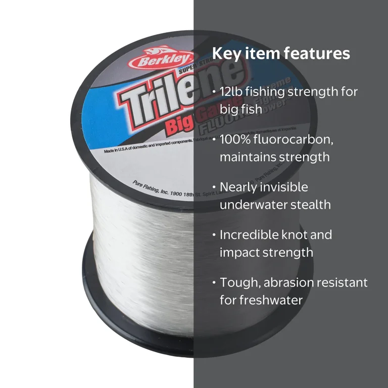 berkley 12lb fishing line Trilene 100% Fluorocarbon 20 lb The premium 100% fluorocarbon construction resists water absorption so your line maintains its strength and sensitivity while fishing Berkley Trilene Big Game, Clear,