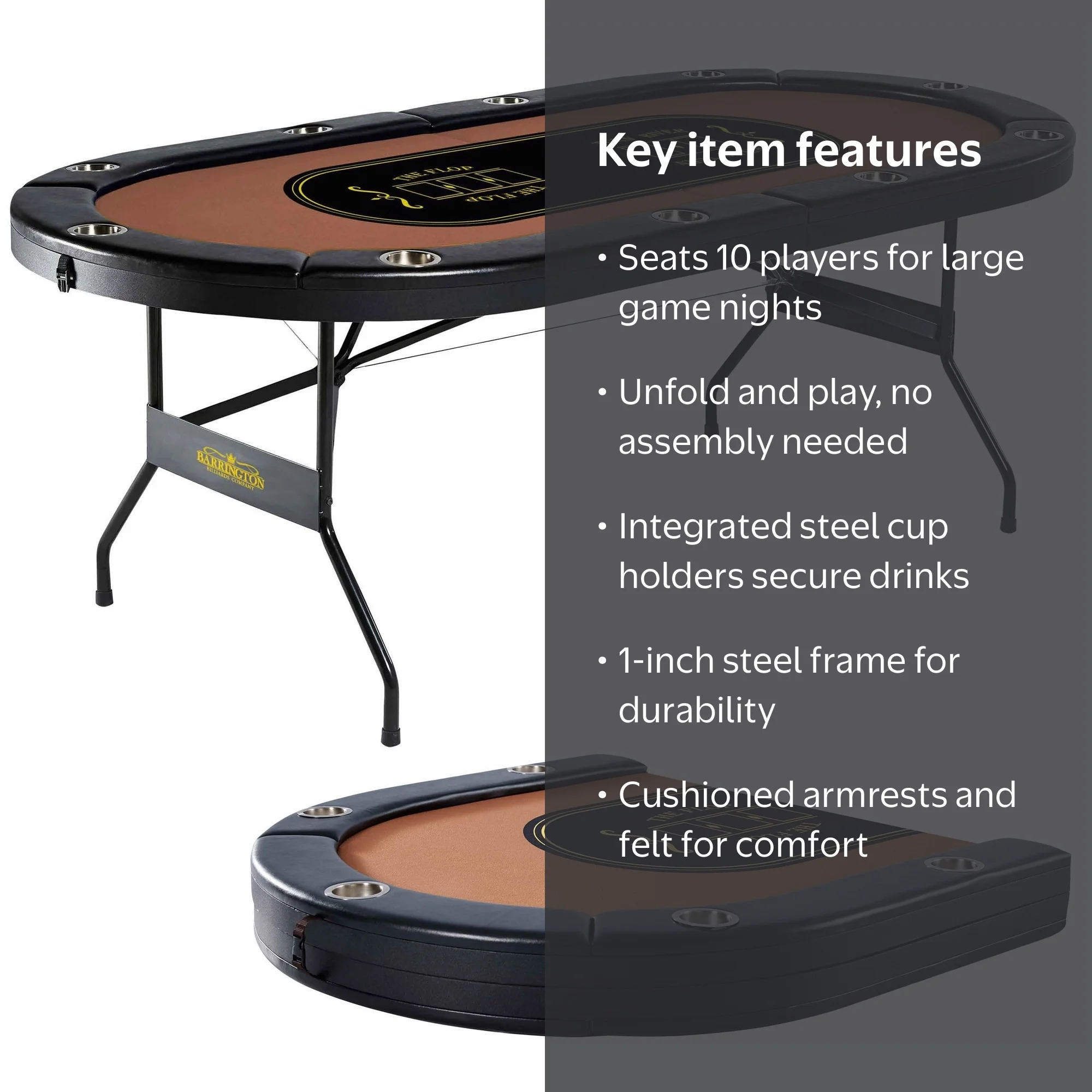 Barrington 10 Player Folding Poker Table with Steel Cup Holders