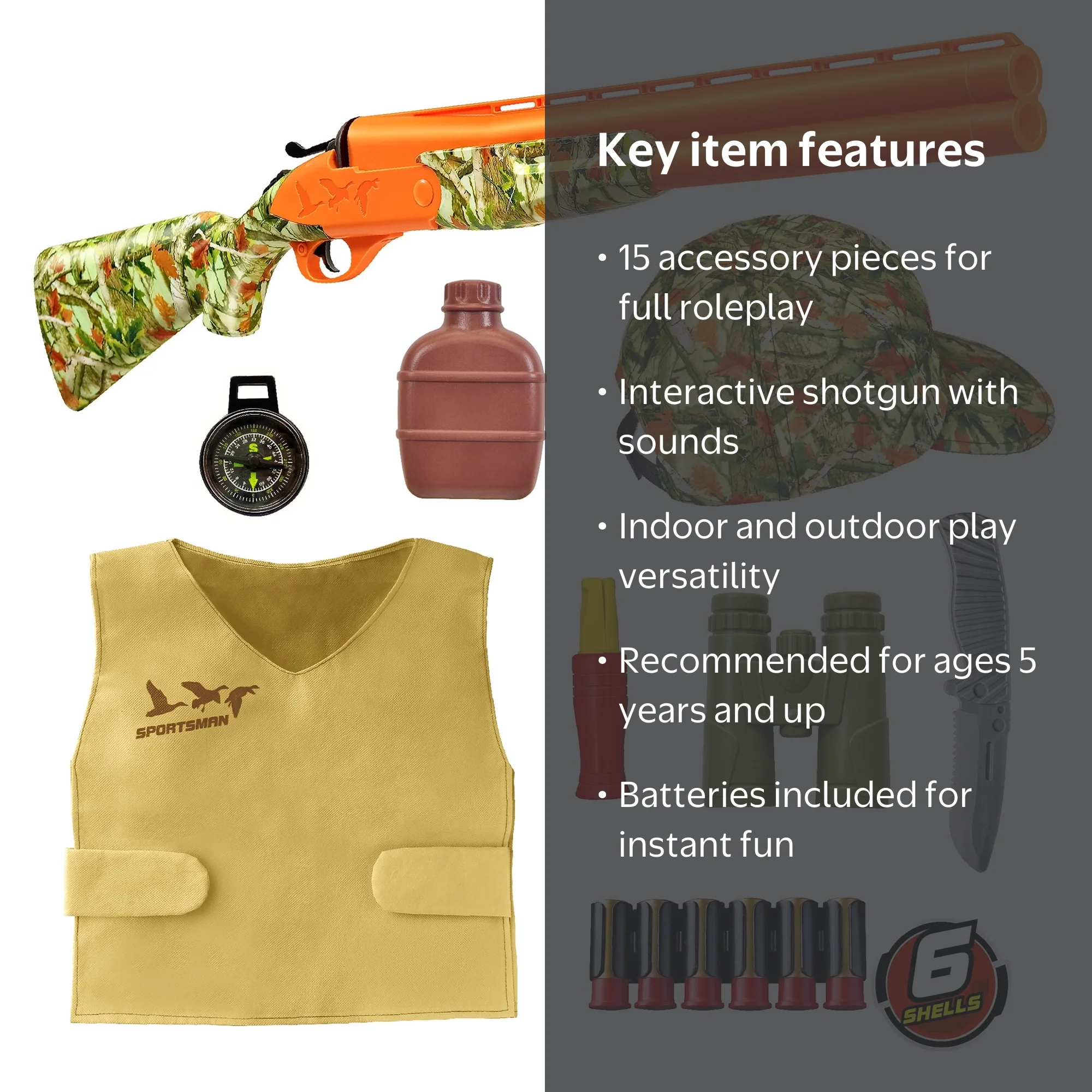Adventure Force Wetlands Hunter Roleplay Toy Shotgun Set, 15-Piece
