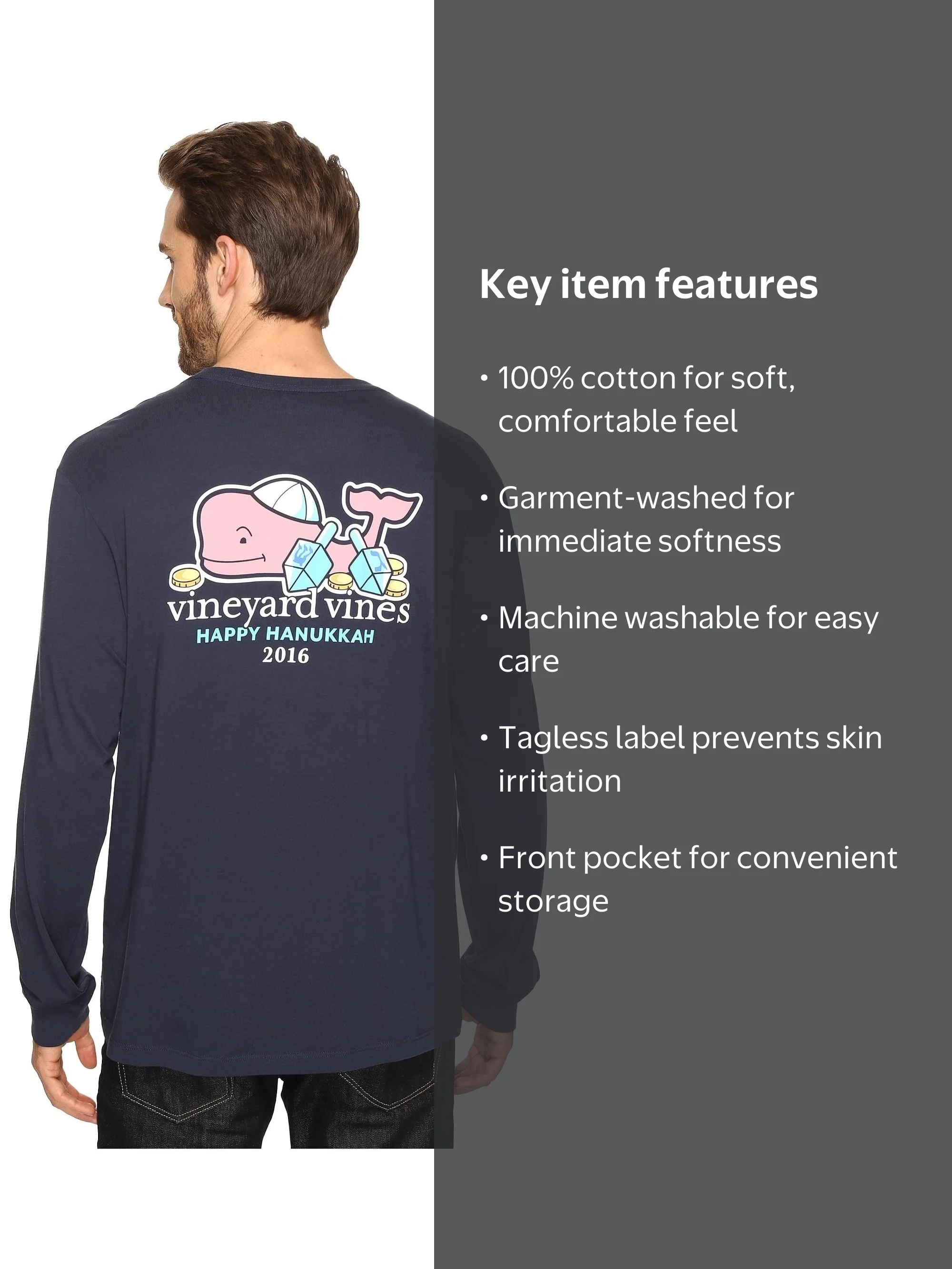 Vineyard Vines Men's Long-Sleeve Hanukkah Whale 2016 Pocket T