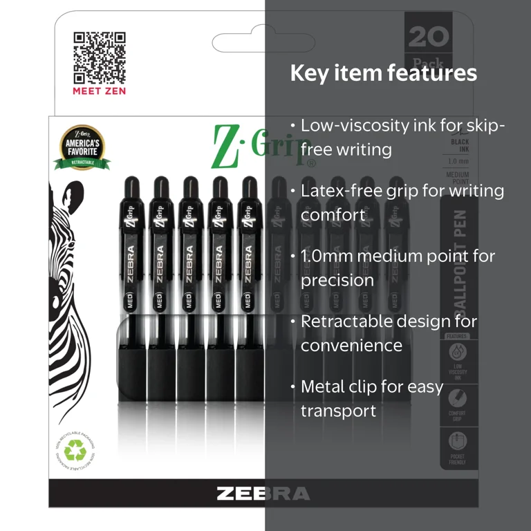 Z-Grip Retractable Ballpoint Pens, 1.0mm, Black Ink, 20-Pack