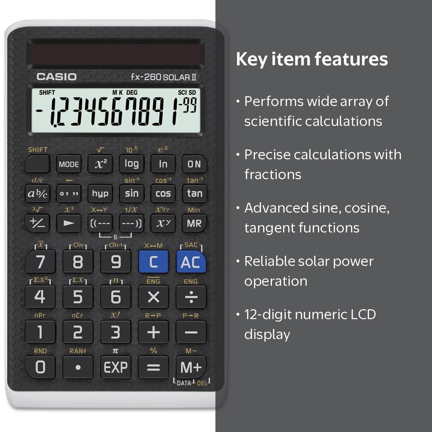 Casio, Scientific Calculator, Solar Powered, 12-Digit LCD