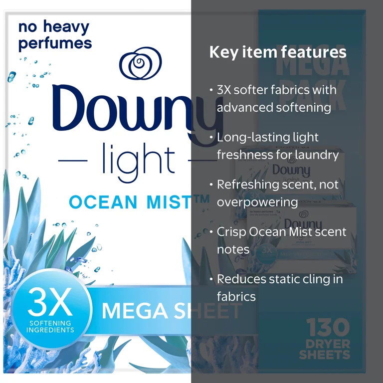 Downy, Fabric Softener Dryer Sheets, 130 Mega, Ocean Mist Scent