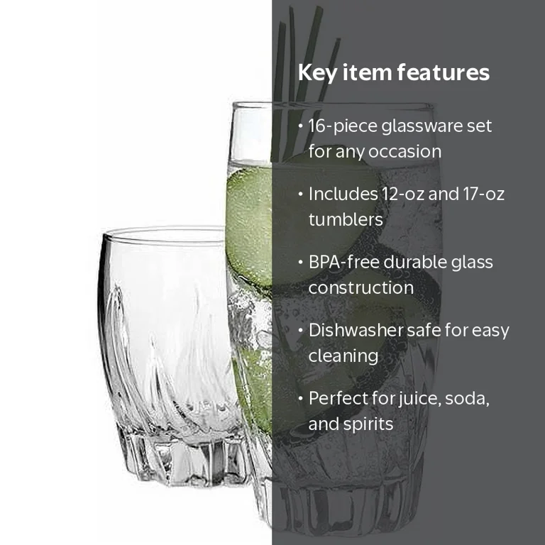 Anchor Hocking Central Park Glass Set, 16 Count, Clear, BPA-Free