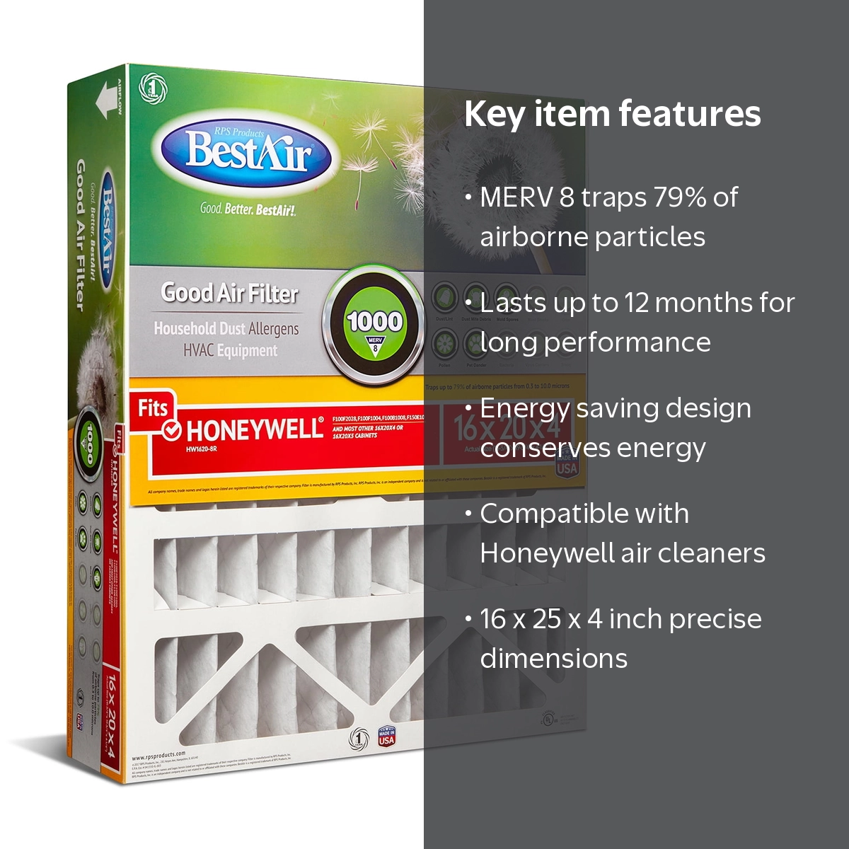 BestAir HW1620-8R Honeywell 16x20x4 Series 1000 MERV 8 Furnace