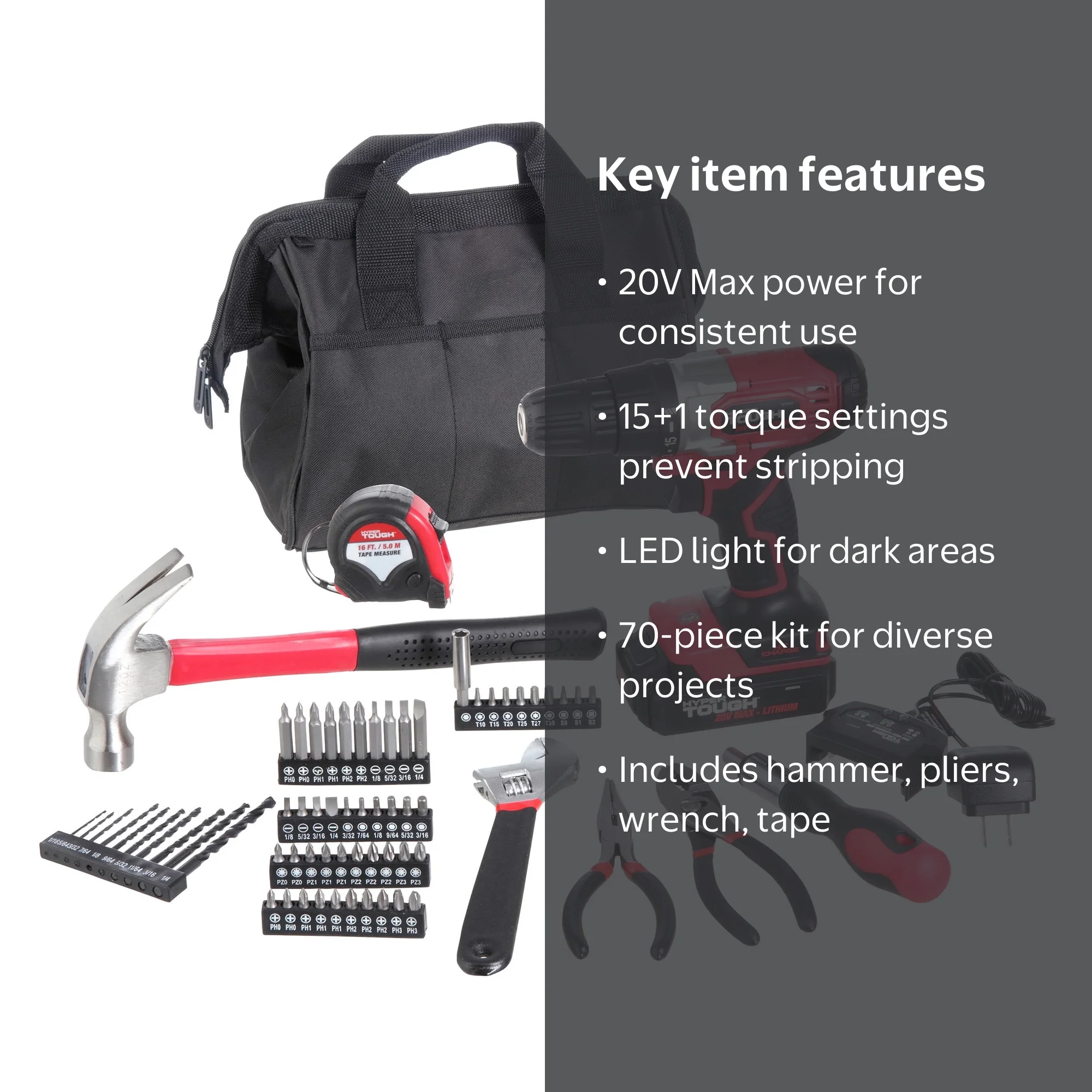 Hyper Tough 20V Max 3/8-in. Cordless Drill & 70-Piece DIY Home