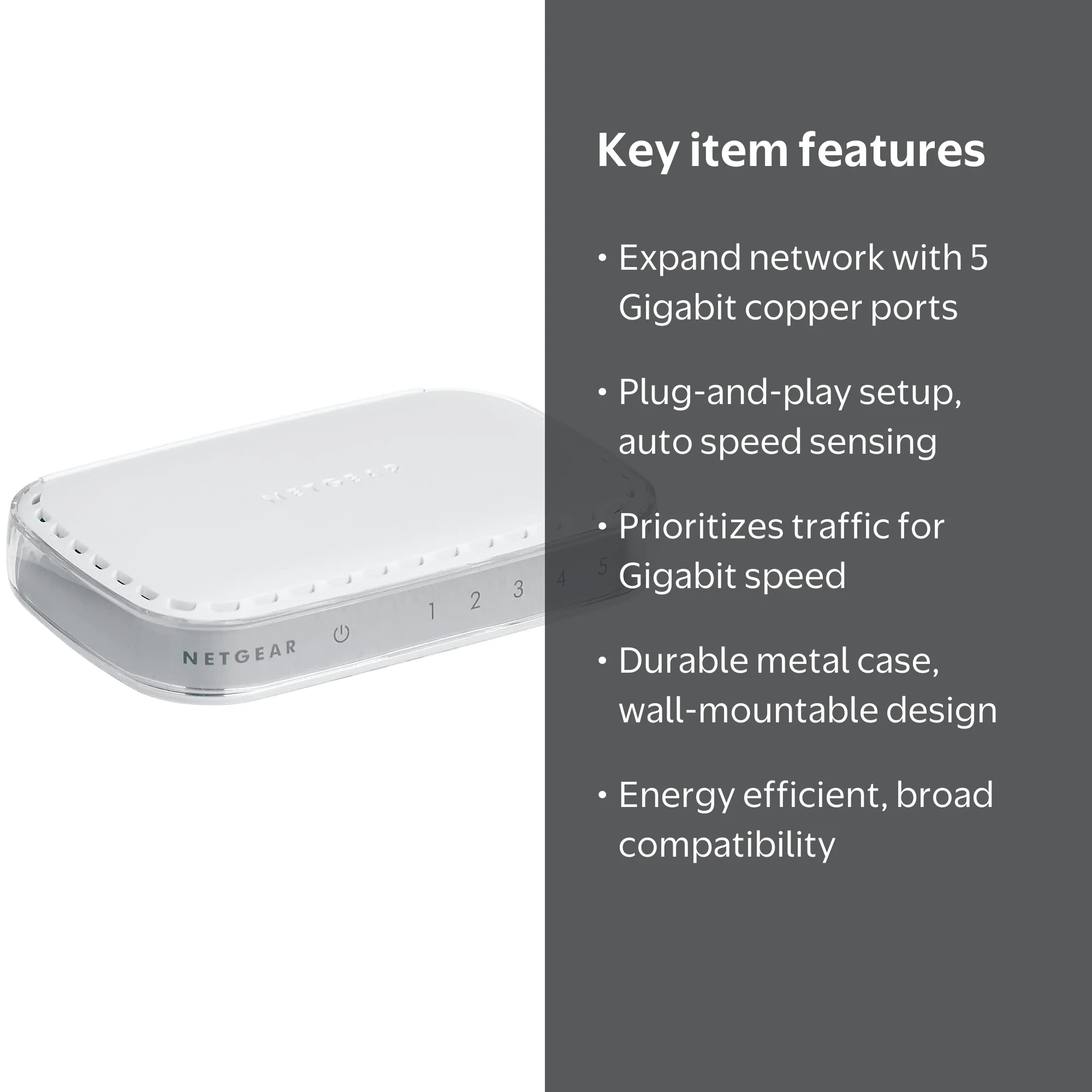 NETGEAR, 5 Port Gigabit Ethernet Switch, GS605NA, Desktop Metal