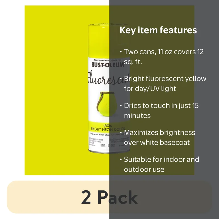 2 pack) Yellow, Rust-Oleum Fluorescent Spray Paint-342571, 11 oz