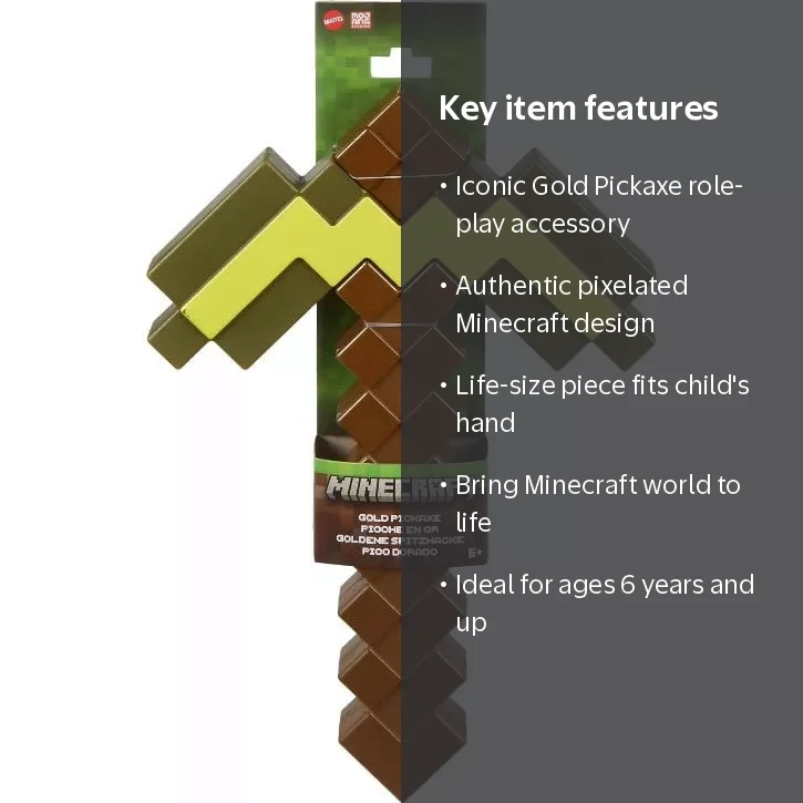 Mattel Minecraft Gold Pickaxe Toy, Pixelated Role-Play Accessory